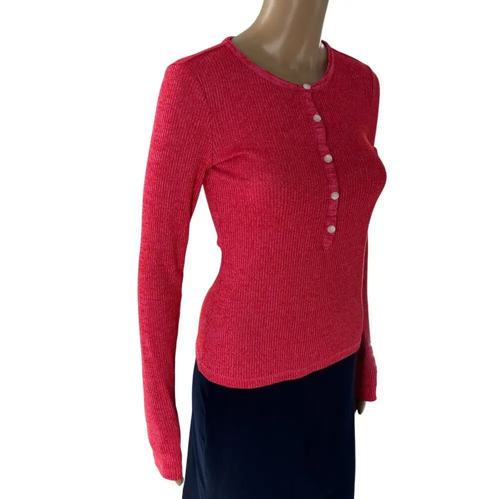 Rag & Bone Pink Marled Red The Knit Ribbed Henley Long Sleeve Top